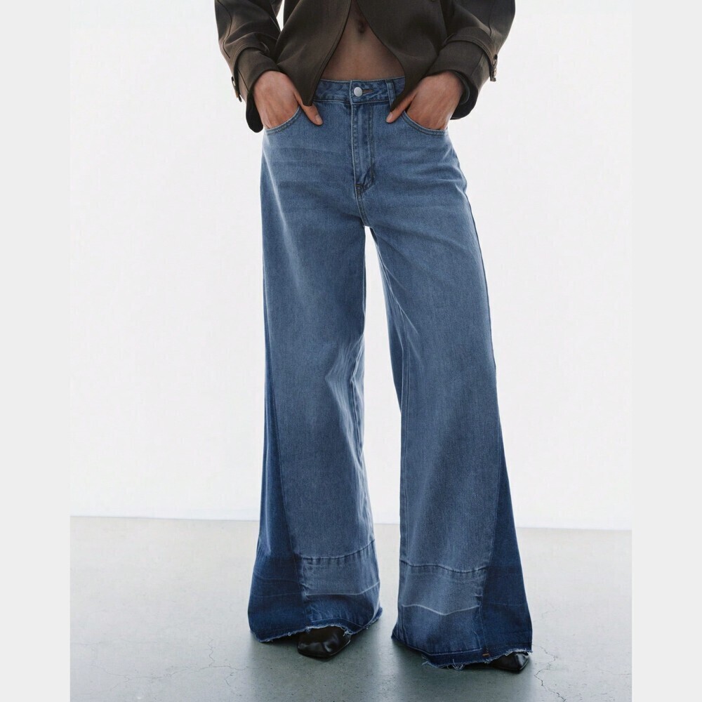 Blue Denim Wide Leg Jeans with Raw Frayed Hem
